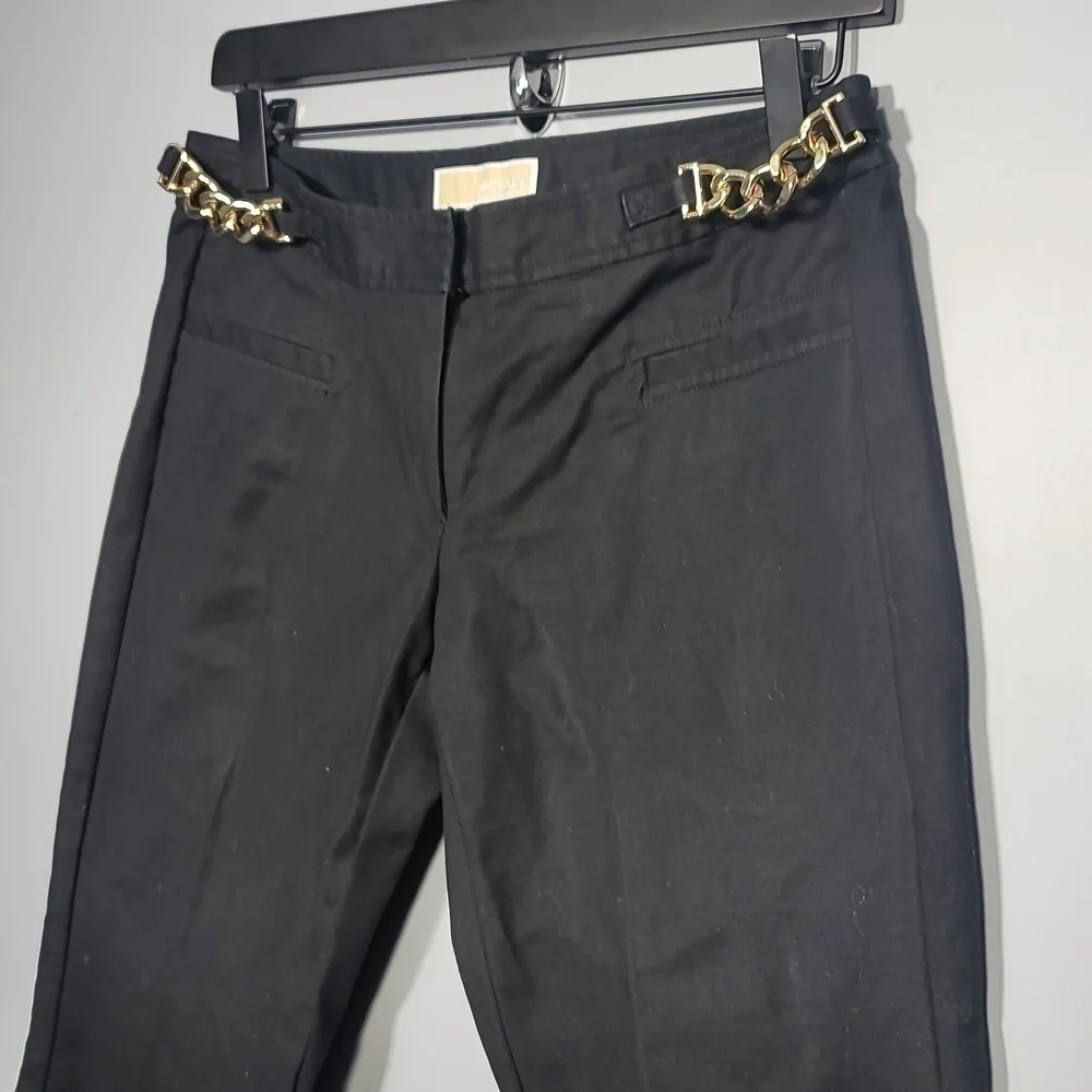 Michael Kors Black Straight Leg Chino Gold Hardware Belted Pants
